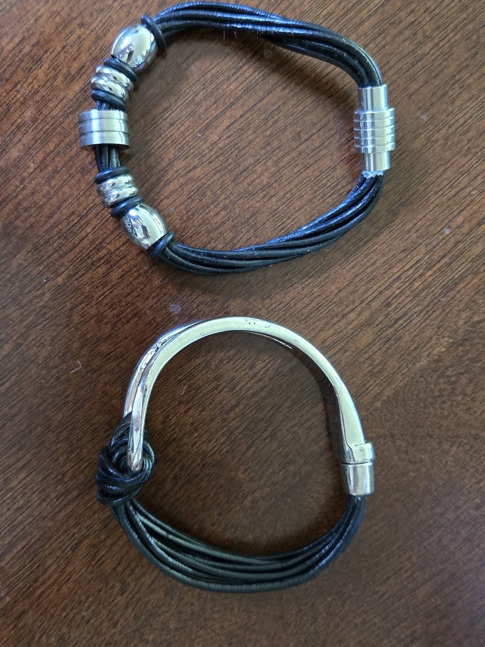 Black Leather Bracelets with Silver Accents